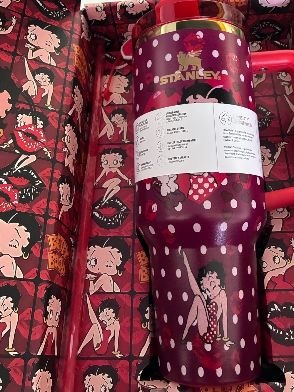 Stanley Betty Boop Burgundy Red Insulated Travel Mug tumbler 40oz custom lips